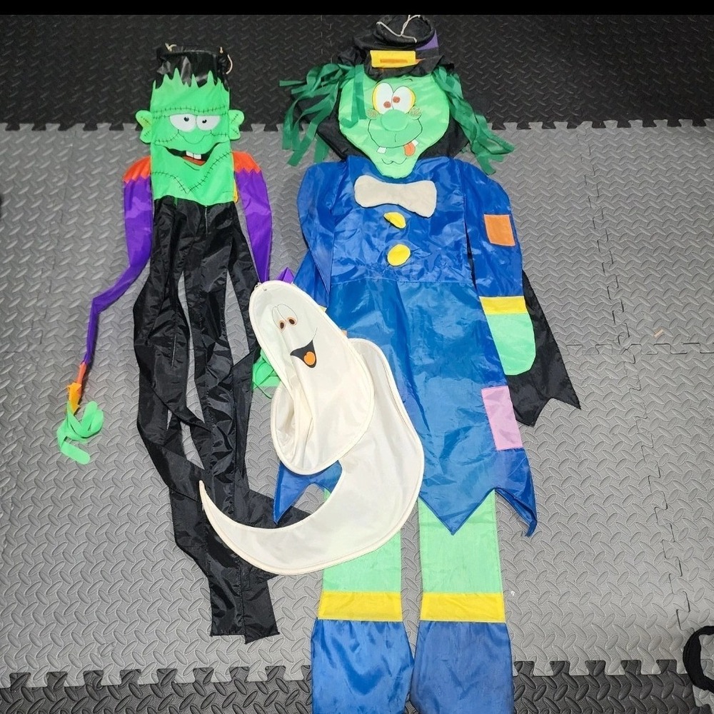 Halloween Windsock Lot Frankenstein Witch Ghost Outdoor Hanging Decorations 3pc